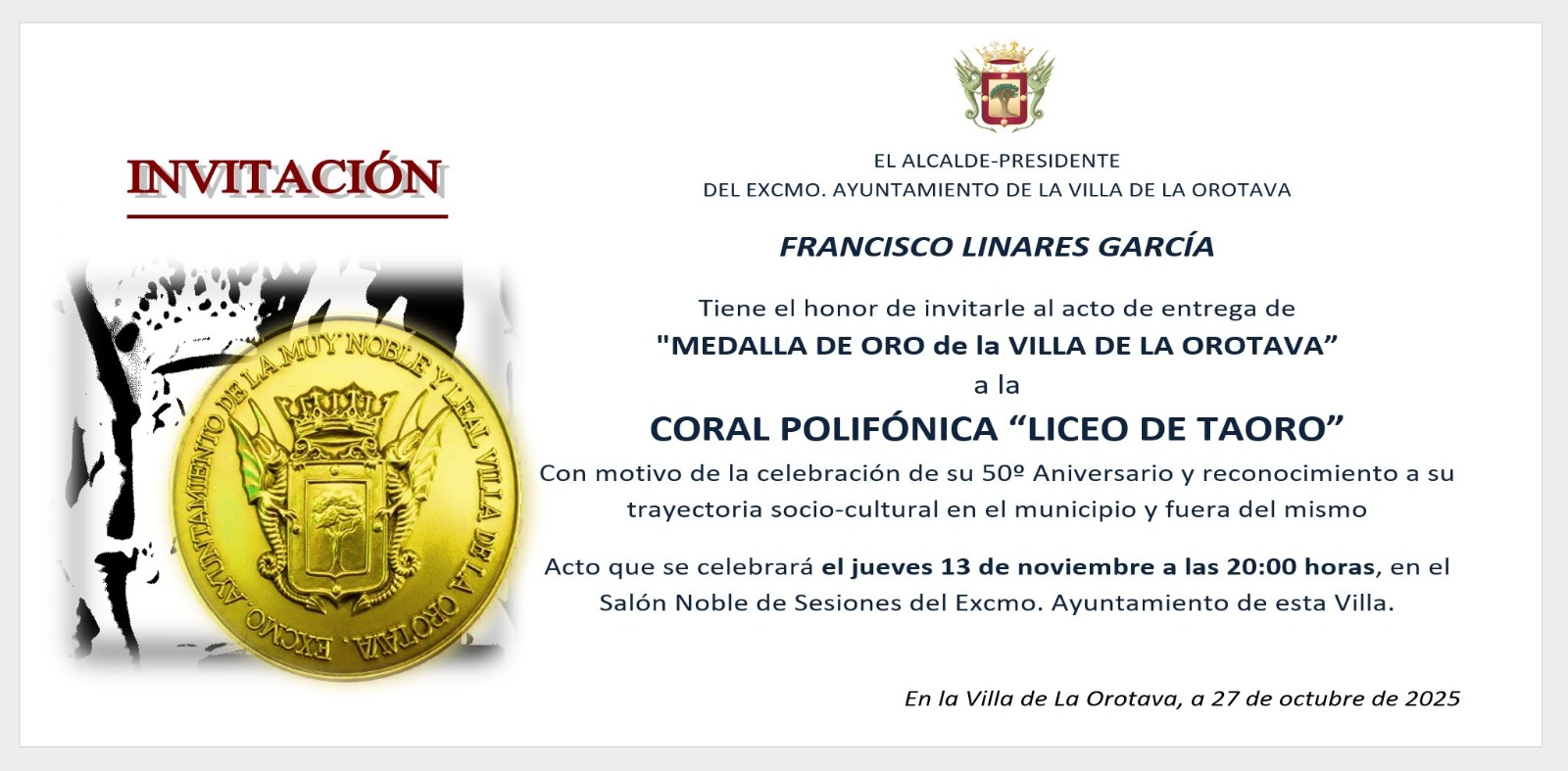 Entrega de la Medalla de Oro de la Villa de La Orotava a la &quot;CORAL POLIFÓNICA LICEO DE TAORO&quot;